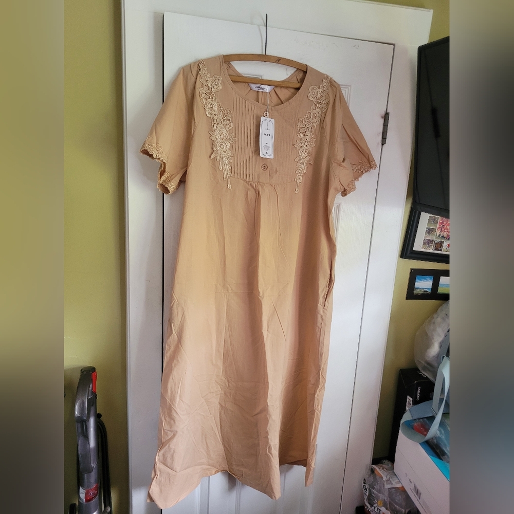 Beige Embroidered Short Sleeve Dress